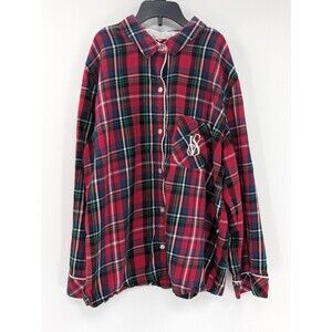 Victoria's Secret Red Plaid Long Sleeve Button-Up Embroidered Pajama Top Size M